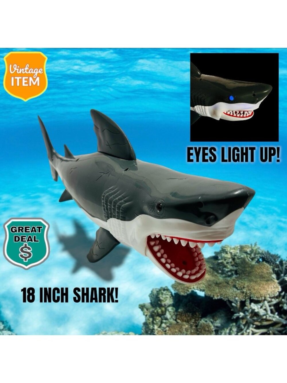 Vintage 21” Sea Ocean Great White Shark. Chomp Action Toy Shark, Light Up Eyes!